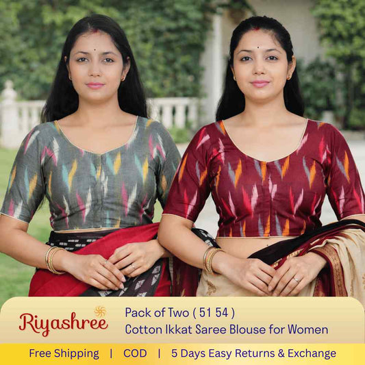 EvaRiya Pack of 2 Ready-to-Wear Cotton Ikkat Blouse for Women | Pre-Stitched Saree Blouse | Comfortable Daily & Festive Wear | 51-54