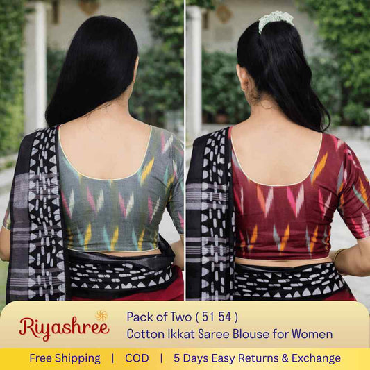 EvaRiya Pack of 2 Ready-to-Wear Cotton Ikkat Blouse for Women | Pre-Stitched Saree Blouse | Comfortable Daily & Festive Wear | 51-54