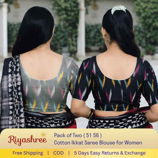 EvaRiya Pack of 2 Ready-to-Wear Cotton Ikkat Blouse for Women | Pre-Stitched Saree Blouse | Comfortable Daily & Festive Wear | 51-56