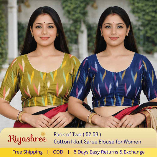EvaRiya Pack of 2 Ready-to-Wear Cotton Ikkat Blouse for Women | Pre-Stitched Saree Blouse | Comfortable Daily & Festive Wear | 52-53