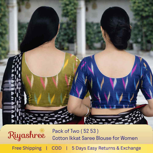 EvaRiya Pack of 2 Ready-to-Wear Cotton Ikkat Blouse for Women | Pre-Stitched Saree Blouse | Comfortable Daily & Festive Wear | 52-53