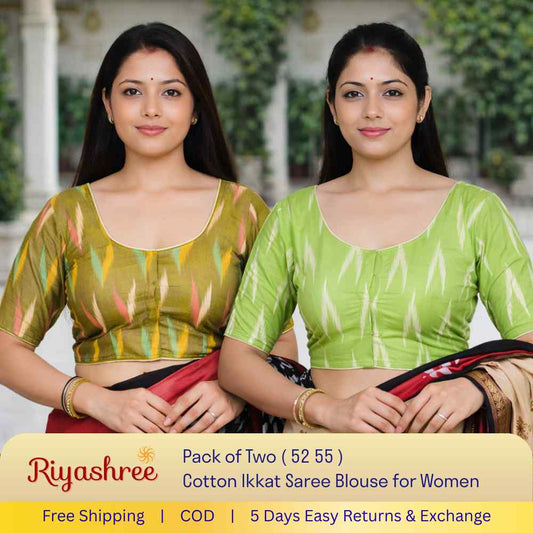 EvaRiya Pack of 2 Ready-to-Wear Cotton Ikkat Blouse for Women | Pre-Stitched Saree Blouse | Comfortable Daily & Festive Wear | 52-55