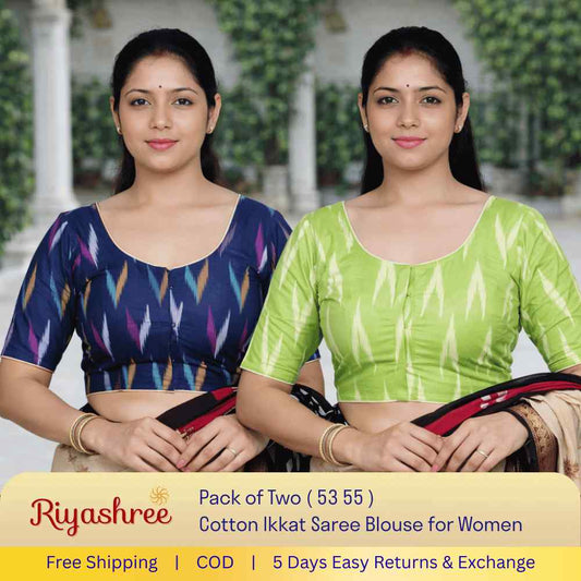 EvaRiya Pack of 2 Ready-to-Wear Cotton Ikkat Blouse for Women | Pre-Stitched Saree Blouse | Comfortable Daily & Festive Wear | 53-55