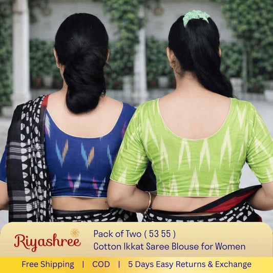 EvaRiya Pack of 2 Ready-to-Wear Cotton Ikkat Blouse for Women | Pre-Stitched Saree Blouse | Comfortable Daily & Festive Wear | 53-55