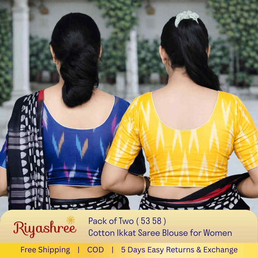 EvaRiya Pack of 2 Ready-to-Wear Cotton Ikkat Blouse for Women | Pre-Stitched Saree Blouse | Comfortable Daily & Festive Wear | 53-58