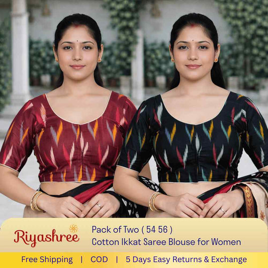 EvaRiya Pack of 2 Ready-to-Wear Cotton Ikkat Blouse for Women | Pre-Stitched Saree Blouse | Comfortable Daily & Festive Wear | 54-56