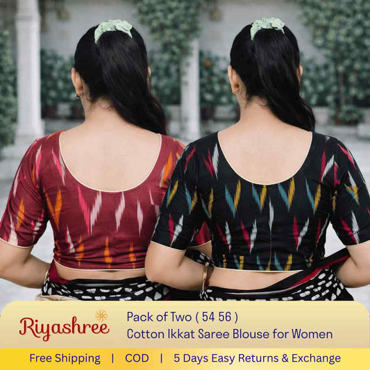 EvaRiya Pack of 2 Ready-to-Wear Cotton Ikkat Blouse for Women | Pre-Stitched Saree Blouse | Comfortable Daily & Festive Wear | 54-56