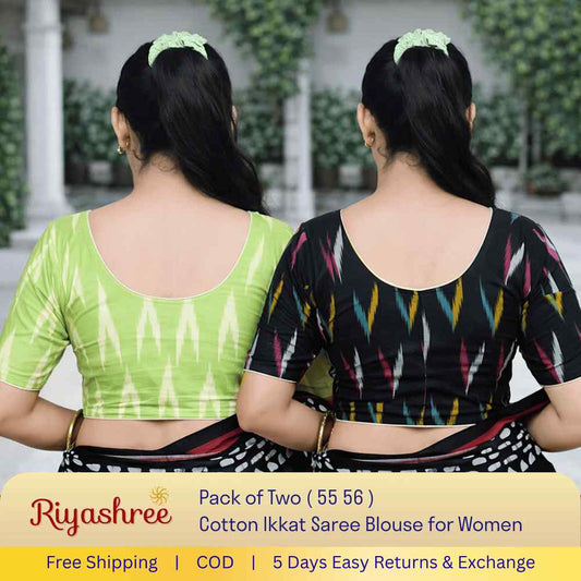 EvaRiya Pack of 2 Ready-to-Wear Cotton Ikkat Blouse for Women | Pre-Stitched Saree Blouse | Comfortable Daily & Festive Wear | 55-56